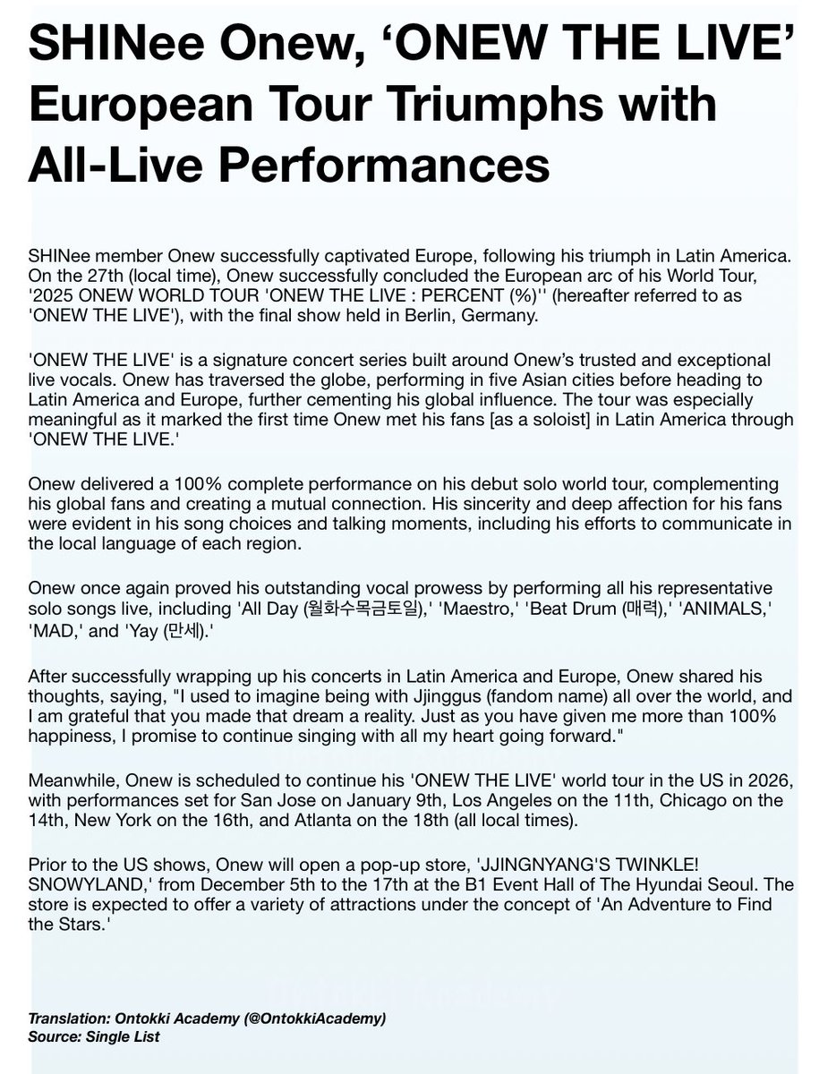 OntokkiAcademy's tweet image. [ARTICLE]

SHINee Onew, ‘ONEW THE LIVE’ European Tour Triumphs with All-Live Performances

SHINee member Onew successfully captivated Europe, following his triumph in Latin America.

Trans. by @OntokkiAcademy

샤이니 온유 #ONEW #온유 #オニュ@SHINee @ONEW_Griffin @griffinenter