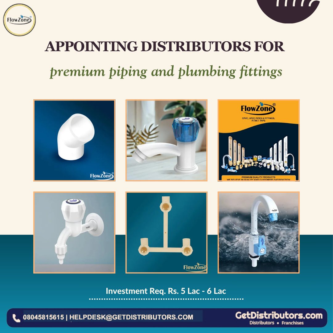 getdistributors's tweet image. Appointing #Distributors for premium piping and plumbing fittings.
Brand 👉 #FlowZone
Details 👉 getdistributors.com/tiny/5cUHdEfrxQ

★Investment : Rs. 5 - 6 Lac
★Advantageous profit margins 
★Marketing and promotional support

#GokulPlastic #PipeFittings #Dealers #Wholesalers