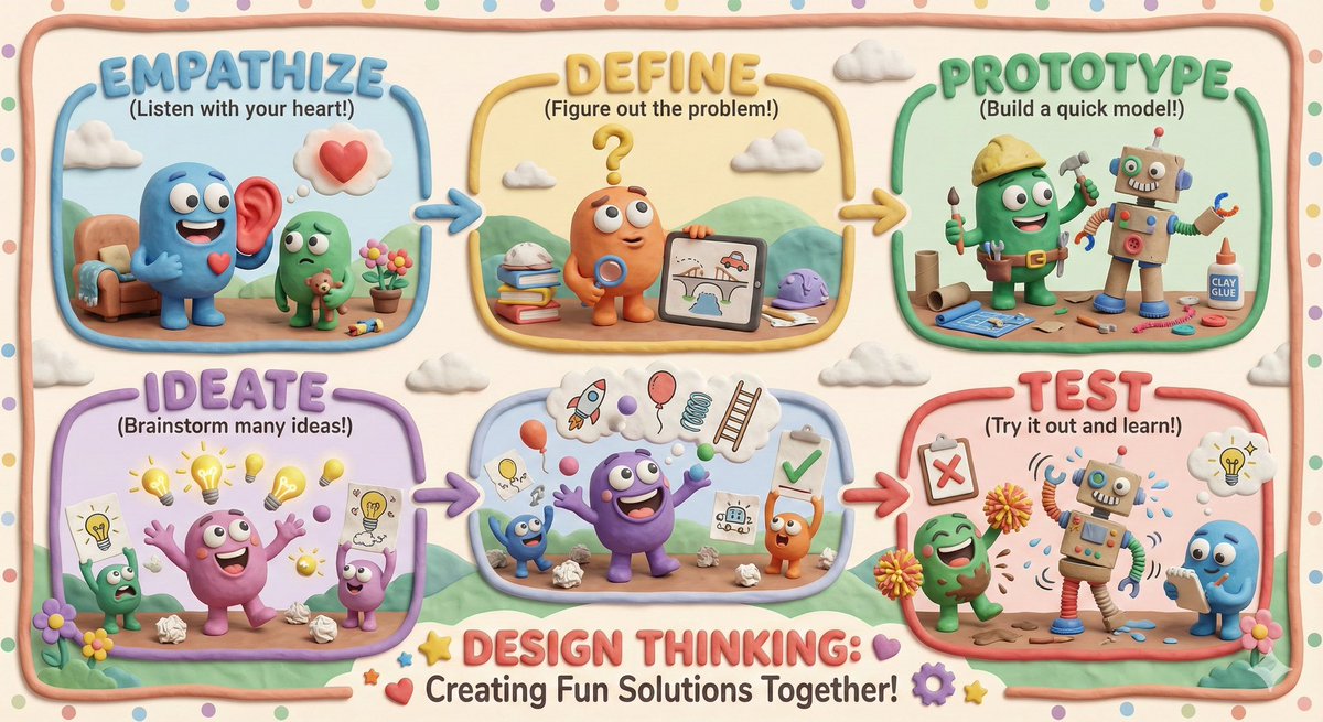 As a product designer, I spend half my time explaining this process. 😅 Decided to let Gemini Nanobanana take a crack at it with a prompt for "distinctive claymation."
This captures the chaos of the 'Test' phase better than any flowchart I’ve ever made. The robot panic is real.