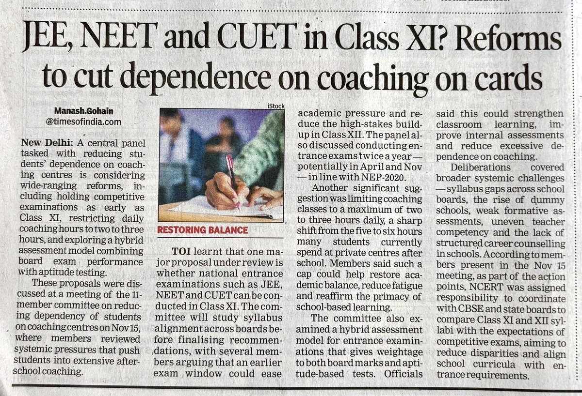 நீட் தேர்வு பள்ளிகளின் முக்கியத்துவத்தை குறைத்து, கோச்சிங் நிறுவனங்களின் வணிக வேட்டைக்கு வழிவகுக்கும் என்று எச்சரித்தது தமிழ்நாடு! dummy schools அதிகரித்து விட்டன;. நாள்தோறும் 6 மணி நேரம் கோச்சிங் மையங்களில் மாணவர்கள் வதைபடுகிறார்கள் என்ற அவலம் டெல்லியை இப்போதுதான் உறுத்தத்