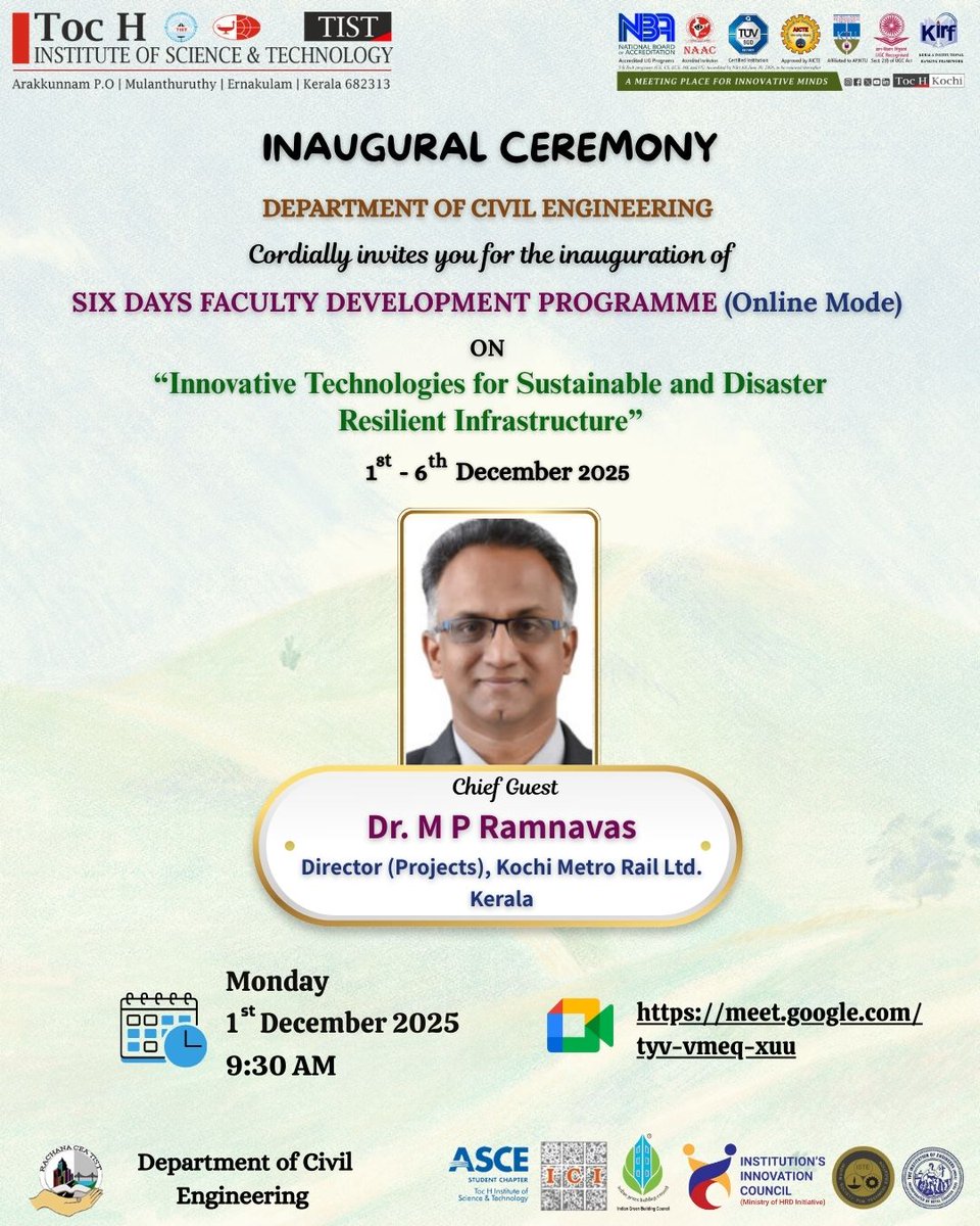 tochkochi's tweet image. The Department of Civil warmly invites you all to the Inaugural Ceremony of our Faculty Development Program on &quot;Innovative Technologies for Sustainable and Disaster-Resilient Infrastructure&quot;. 
meet.google.com/tyv-vmeq-xuu