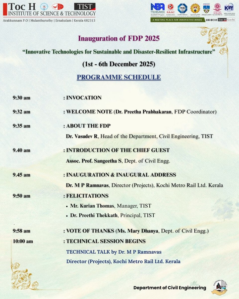 tochkochi's tweet image. The Department of Civil warmly invites you all to the Inaugural Ceremony of our Faculty Development Program on &quot;Innovative Technologies for Sustainable and Disaster-Resilient Infrastructure&quot;. 
meet.google.com/tyv-vmeq-xuu