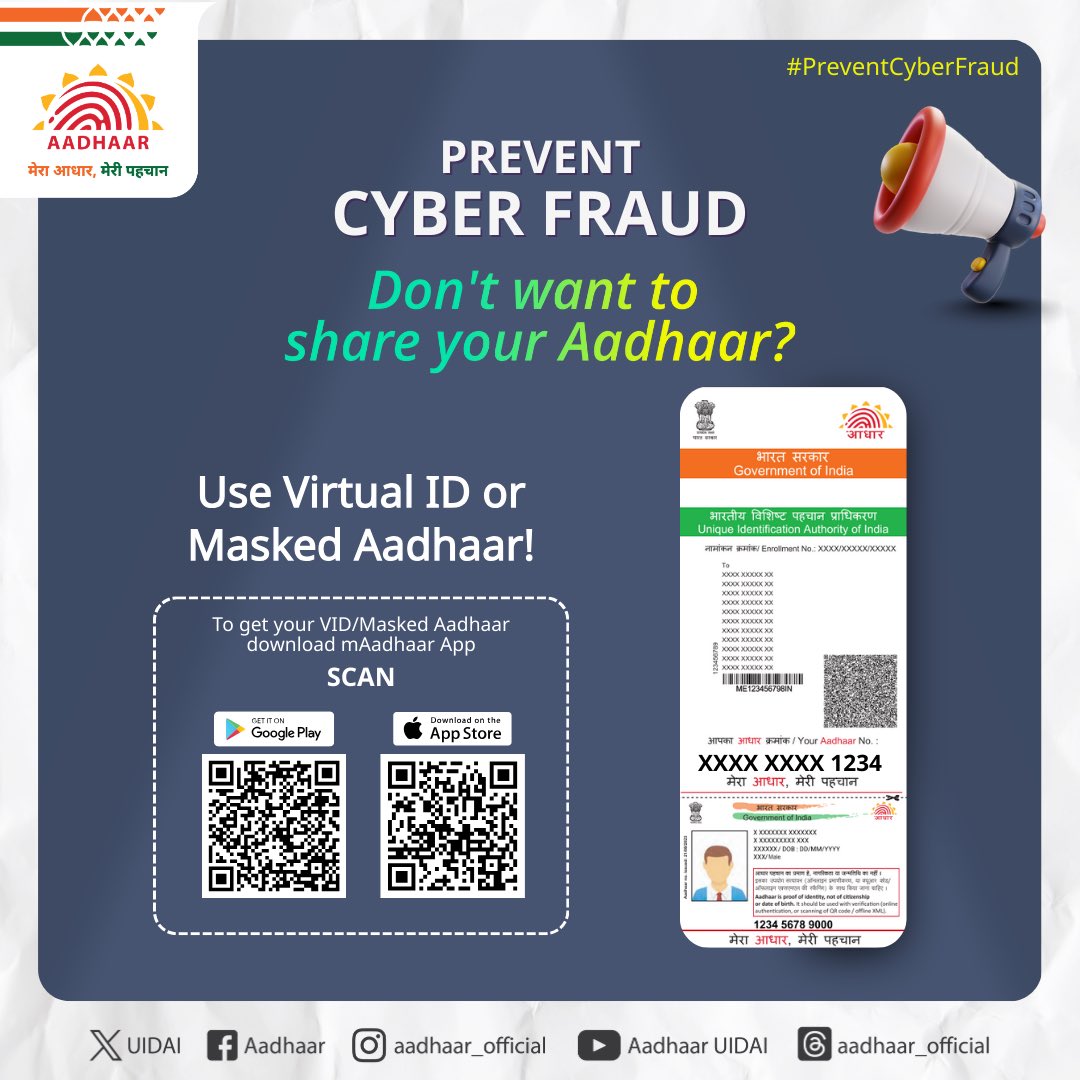 UIDAI's tweet image. #PreventCyberFraud

If you don’t want to disclose your Aadhaar number use the VID or Masked Aadhaar to prevent unauthorised usage.

To get your VID/Masked Aadhaar, download mAadhaar App:
 
On Android- tinyurl.com/38mnums9
On iOS- tinyurl.com/v6zcjn4s