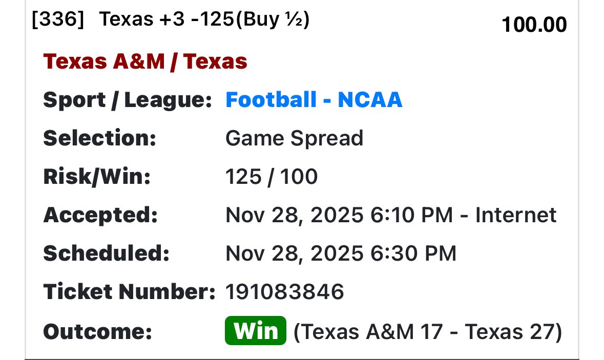 chill_wills's tweet image. Not a very aggressive bet but as a Texas alum, I never bet on them. I have enough at stake emotionally. As a subscriber, I had to book this one.