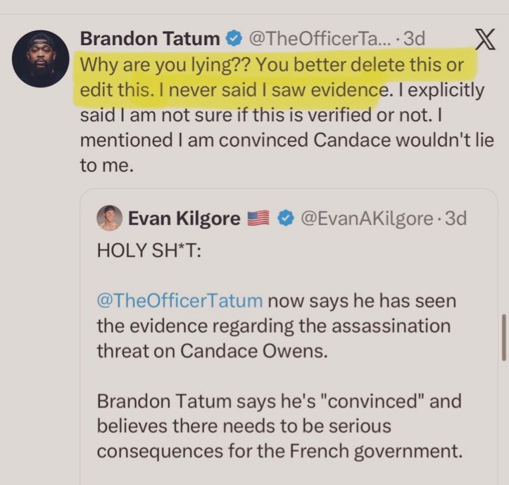 .<a href="/TheOfficerTatum/">Brandon Tatum</a>, you said that you believed Candace not bc you saw evidence but bc you were convinced she wouldn’t lie to you.

Yet here she is retweeting a lie about the conversation she had WITH YOU! 

You had to correct it &amp; call Evan a liar.

Your friend is a liar, too.