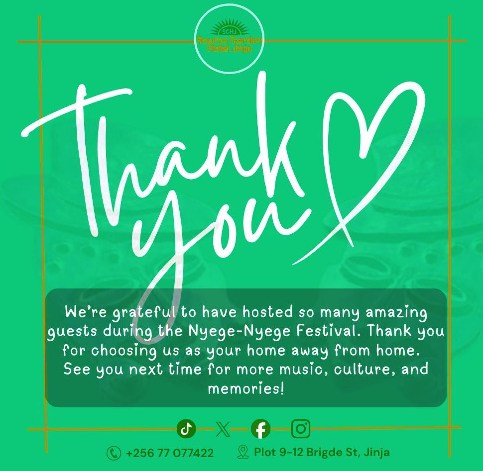 From Our Hotel to Your Heart: Thank You for an Epic Nyege!!

Thanks to all who stayed with us during Nyege Nyege!✨ Your vibes made Iran unforgettable experience. See you soon.

#sourcegardenhoteljinja #nyegenyge #gratefulguests #visitjinja