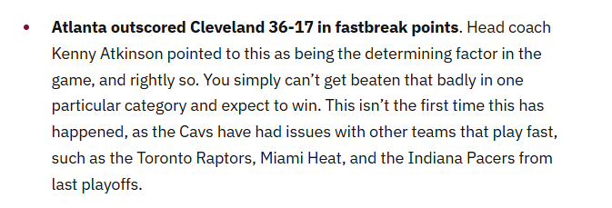 The Cavs' inability to defend in transition cost them in Atlanta. Here's a look at that and more in our 12 stats to explain the loss to the Hawks. (✍️: <a href="/JacksFlickinger/">Jackson Flickinger</a>) fearthesword.com/cavs-analysis/…