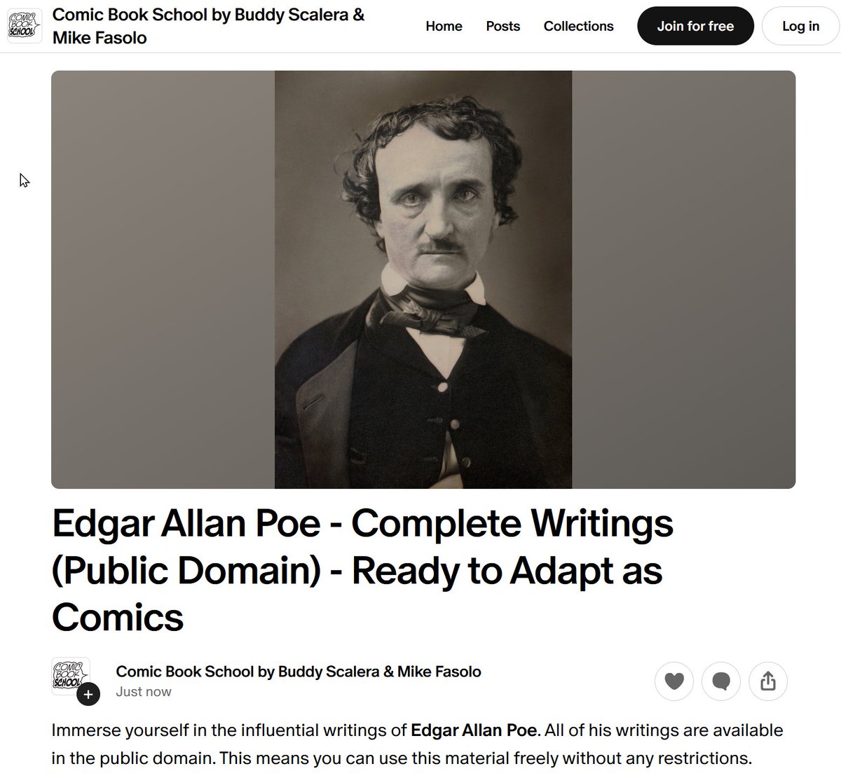 Download the complete works of Edgar Allan Poe on the #ComicBookSchool Patreon page. 

Our Patreon is free to join. 

patreon.com/posts/edgar-al… 

Tag <a href="/FAS0L0/">Fasolo</a> <a href="/DeannaDestito13/">Deanna Destito</a> <a href="/TheSurrealAri/">A. A. Rubin</a> <a href="/Redheadeded/">Erin Donnalley</a> <a href="/campblor/">Andrew Campbell</a> 
#Poe #edgarallanpoe