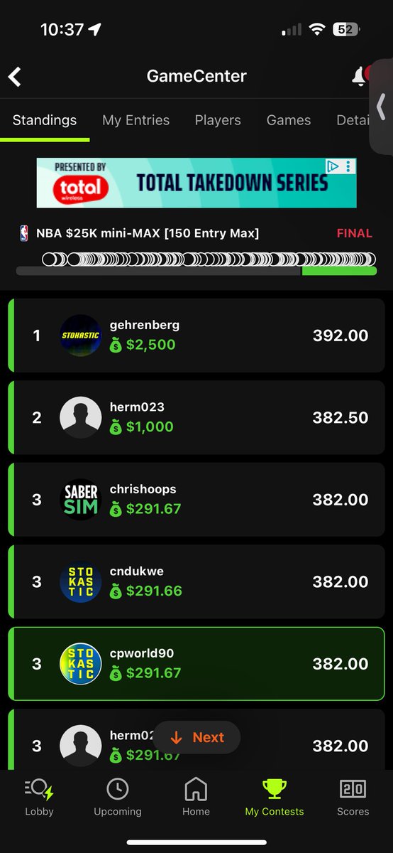 CryptoC90's tweet photo. Big week for the @Stokastic sims! 

1st in the NFL mini max yesterday. 
1st in the NBA Quarter Jukebox today. 
1st in the NBA 20 max today. 
3rd in the NBA mini max today! 

S/O to @gehrenbergdfs, @EricLindquist @DK__DFS @Loughy and @JoshEngleman. @StokasticHOF here I come again! https://t.co/uCsgiJlxI9