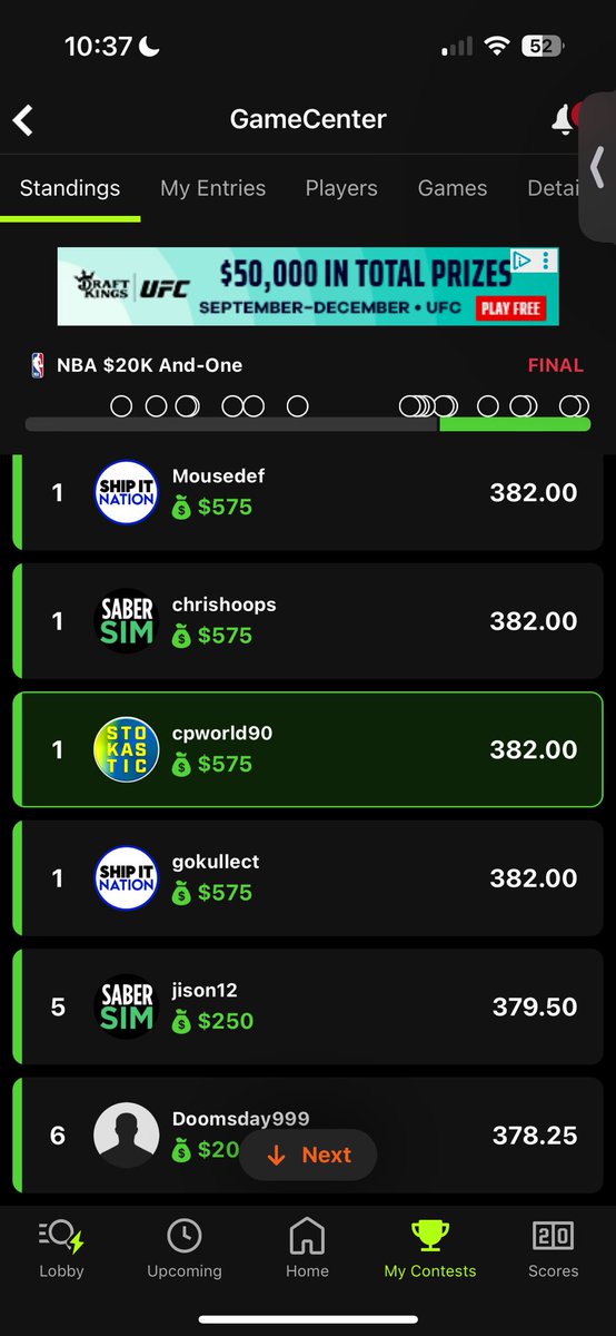 CryptoC90's tweet photo. Big week for the @Stokastic sims! 

1st in the NFL mini max yesterday. 
1st in the NBA Quarter Jukebox today. 
1st in the NBA 20 max today. 
3rd in the NBA mini max today! 

S/O to @gehrenbergdfs, @EricLindquist @DK__DFS @Loughy and @JoshEngleman. @StokasticHOF here I come again! https://t.co/uCsgiJlxI9