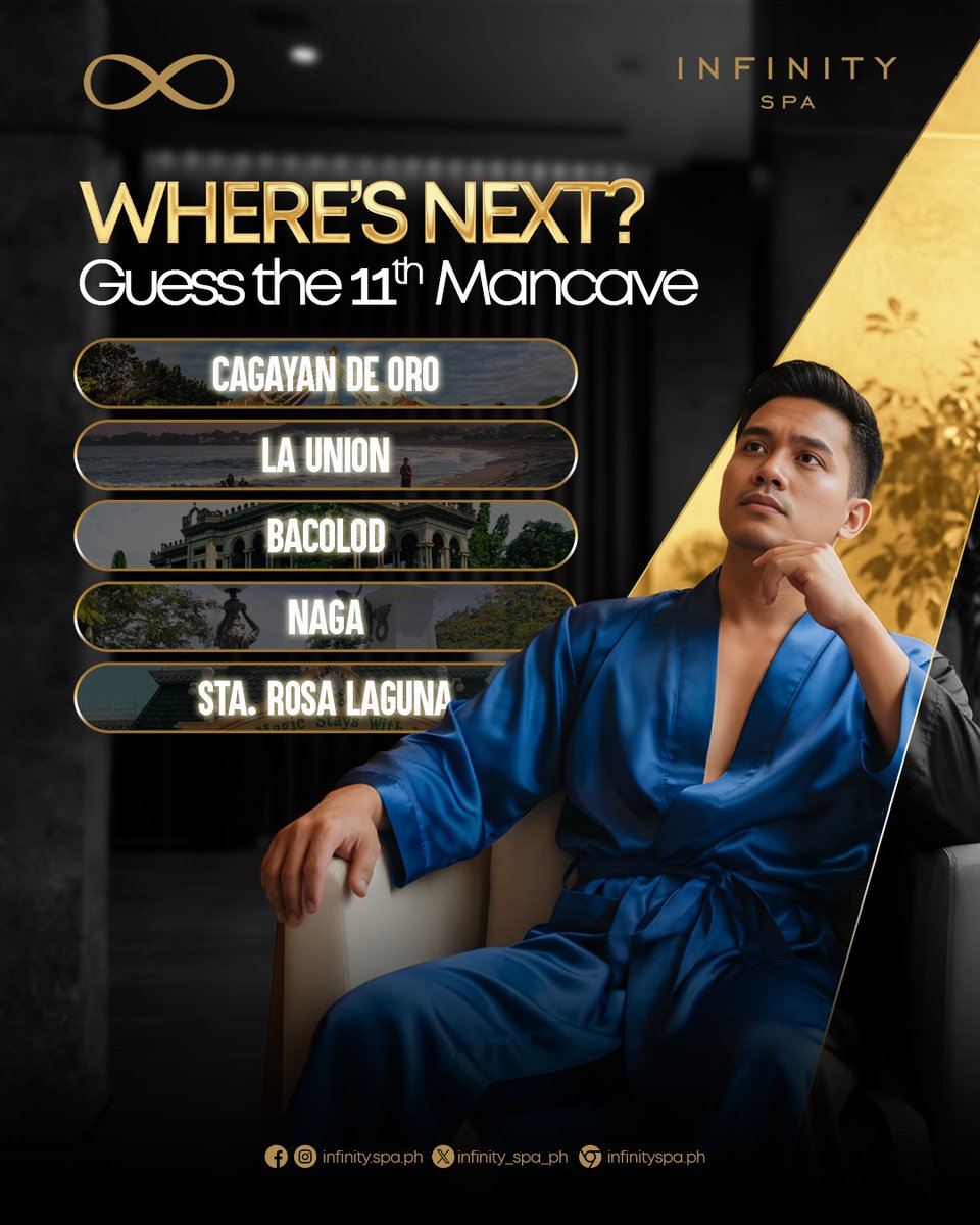 infinity_spa_ph's tweet image. 🌟 MANCAVE MYSTERY UNLOCKING SOON…
We’re opening the doors to our 11th location — but where? 🧩

Take your pick:
🔘 CAGAYAN DE ORO CITY
🔘 LA UNION 
🔘 BACOLOD CITY
🔘 NAGA CITY
🔘 LAGUNA

💬 Drop your guess by quoting the original post and tag us
🎁 11 lucky winners will be…