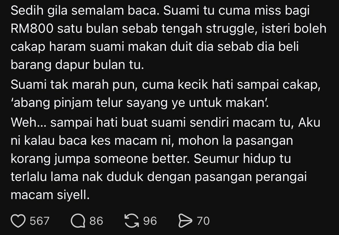 sarramonez's tweet image. Sedihnya. Ya allah korang kalau hidup berkira jangan kahwin lah. This is mental torture. Sampai nya hati buat macamni. I pernah saja beli barang dapur guna duit I pastu husb minta izin memang auto merajuk sebab I ni masih orang luar ke? Jangan berkira kalau nak rezeki masuk.