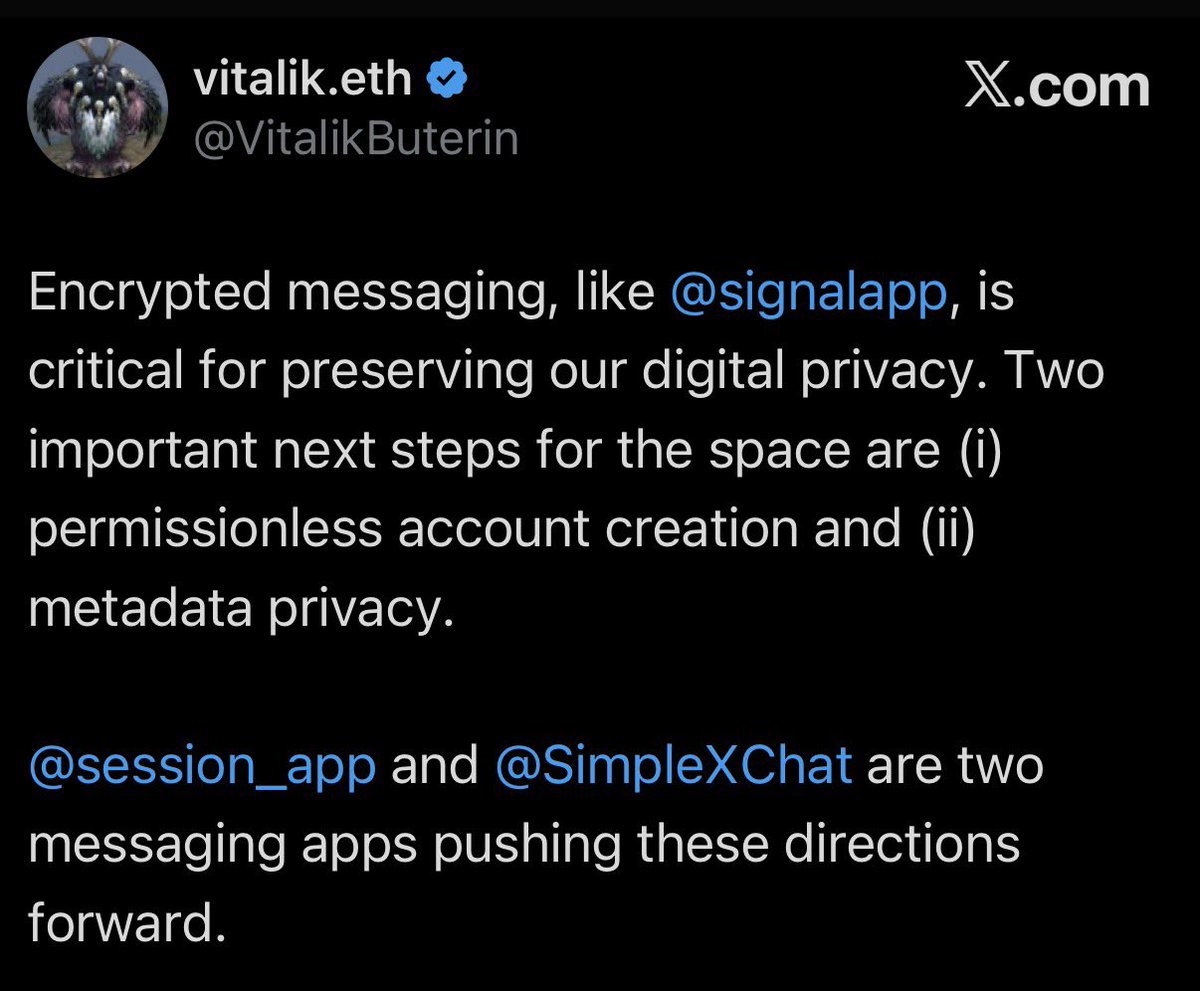 ✨이더리움 비탈릭, 프라이버시 섹터에 256 ETH 기부! 비탈릭 형님이 @session_app @SimpleXChat 에 각각 128  ETH를 기부했다고 함다 ㄷㄷ 둘 다 프라이버시 관련 프로젝트인데 비탈릭 형님도 관심있게 보고 계신 것 같아유 저도 요즘