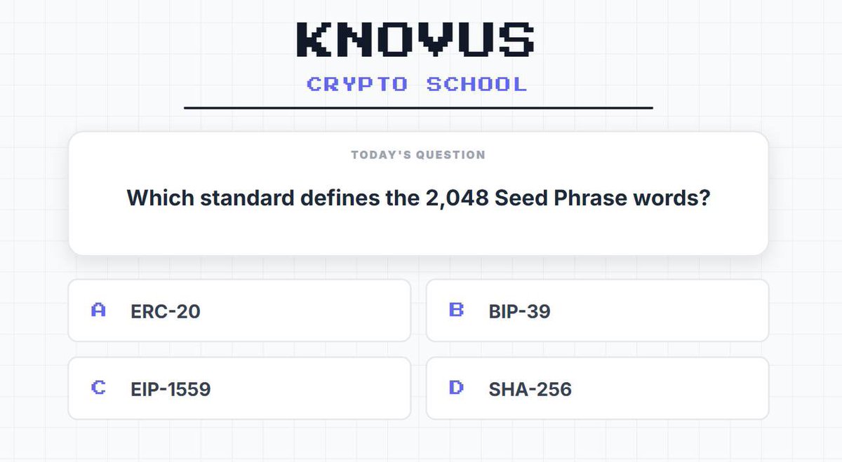 Knovusofficial's tweet image. Knovus Crypto School is in Session!

Today&apos;s Topic: Wallet Security Standards.

Hint: It transformed complex binary entropy into a readable mnemonic sentence for human backup.

The question is now live on the Knovus platform!