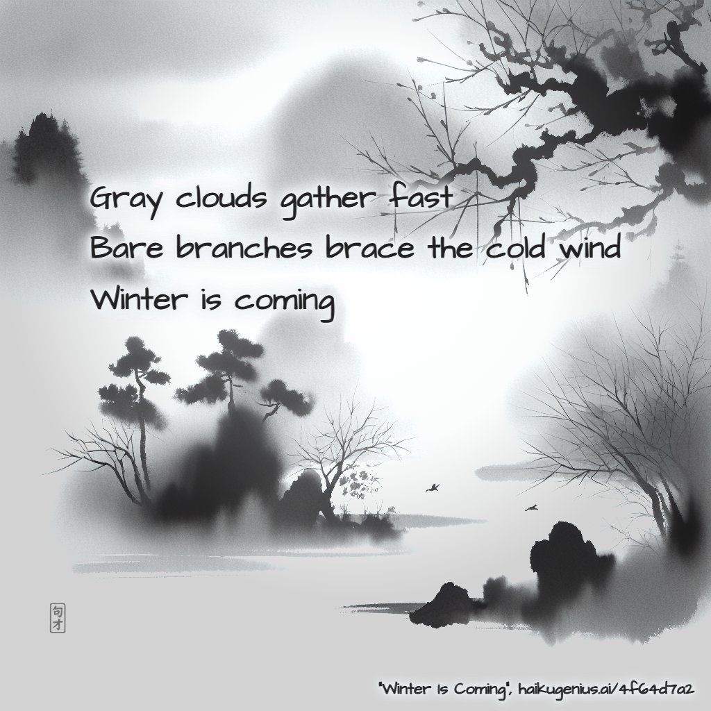 Gray clouds gather fast
Bare branches brace the cold wind
Winter is coming
"Winter Is Coming", haikugenius.ai/4f64d7a2

✨ Create your own beautiful haiku with stunning generative art—free and no signup needed! Try it now: haikugenius.ai

#WinterIsComing #haiku