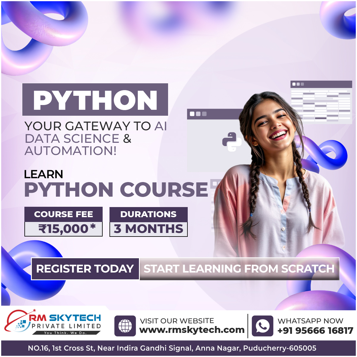 RMSkyTech1's tweet image. Want to break into AI or Data Science? Your journey starts with Python! 📷
RM SKYTECH Private Limited offers a comprehensive 3-Month Python Course
#PythonCourse #LearnToCode #DataScience #AIprogramming #Automation #3MonthsToCode #PythonForBeginners #CodingSkills