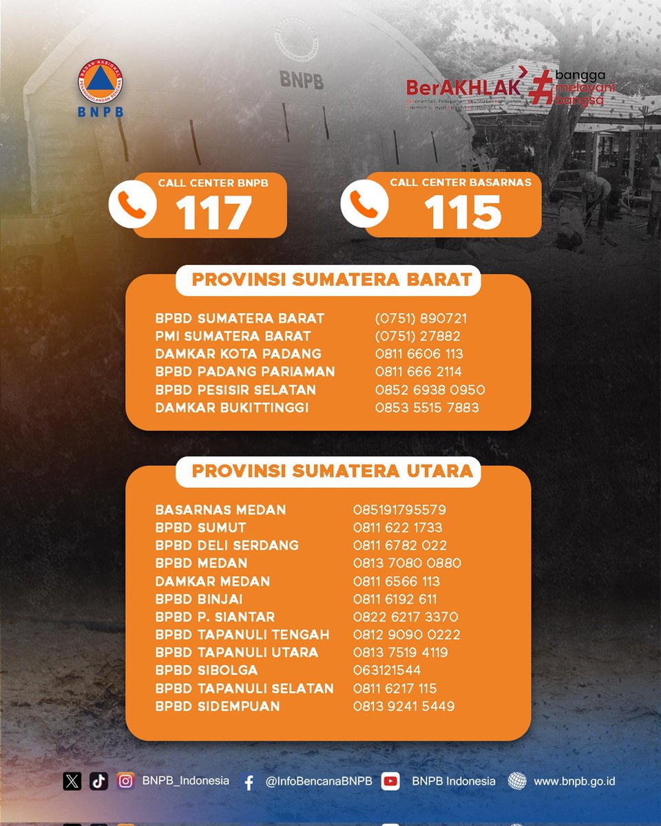 Halo #SahabatTangguh!

Berikut ini kami sampaikan nomor yang dapat dihubungi untuk melaporkan maupun mendapatkan informasi di lapangan. Dianjurkan untuk menghubungi melalui pesan WhatsApp atau SMS.

#NomorDarurat
#BansorSumatra
#BNPBIndonesia