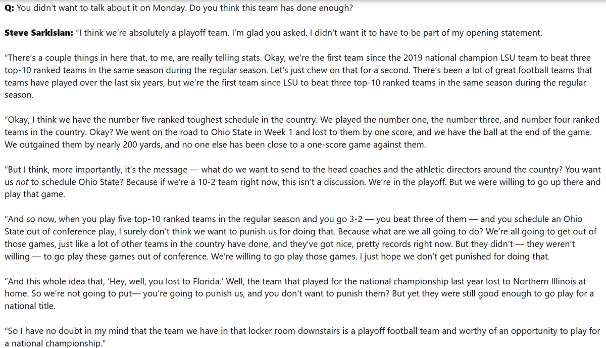 Texas football coach Steve Sarkisian explains why he believes the Longhorns deserve to be in the playoffs after the win against Texas A&amp;M: