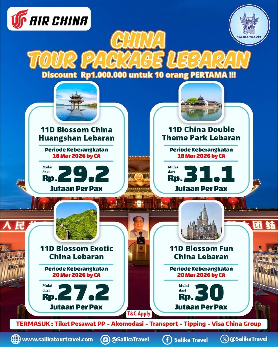 Pilihan paket periode Lebaran ke China

Selanjutnya klik
salikatourtravel.com/tour/package/c…

Rsv hub
wa.me/6285954487807
wa.me/6281945166878
wa.me/6281803863912

T&amp;C Apply
#SalikaTravel
#BestDeals
#GroupSeries
#TourWithSalikaTravel
#JoinTourSalikaTravel
#SalikaChinaTour