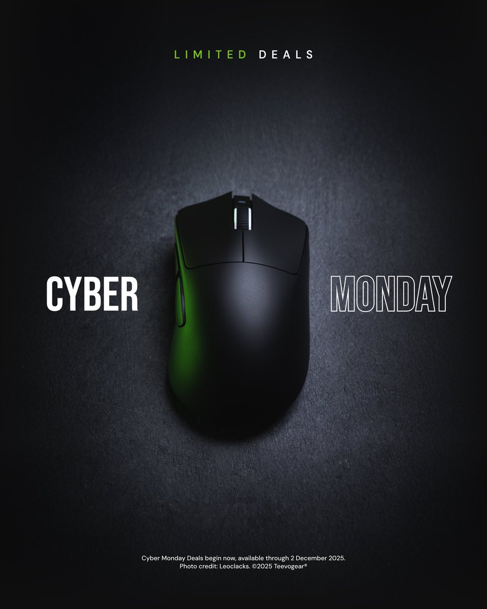 If you missed Black Friday, your second chance starts today.

Ends 2 December. 
A short window. Act fast.

teevogear.com/collections/al…

#CyberMonday #deals #CyberMonday2025 #BlackFriday #BlackFridayDeals #gamingmouse #teevolution