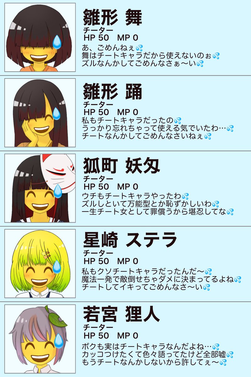 うちの子達（舞ちゃん踊さん 妖匁ちゃん ステラちゃん 狸人くん）
emoji化風ザコ化シチュ

妖魔にゲーム世界に閉じ込められ、自信満々に攻略しようとするうちの子たち。しかしチートキャラ扱いされ、カス能力の見せしめザコキャラにされてしまう…