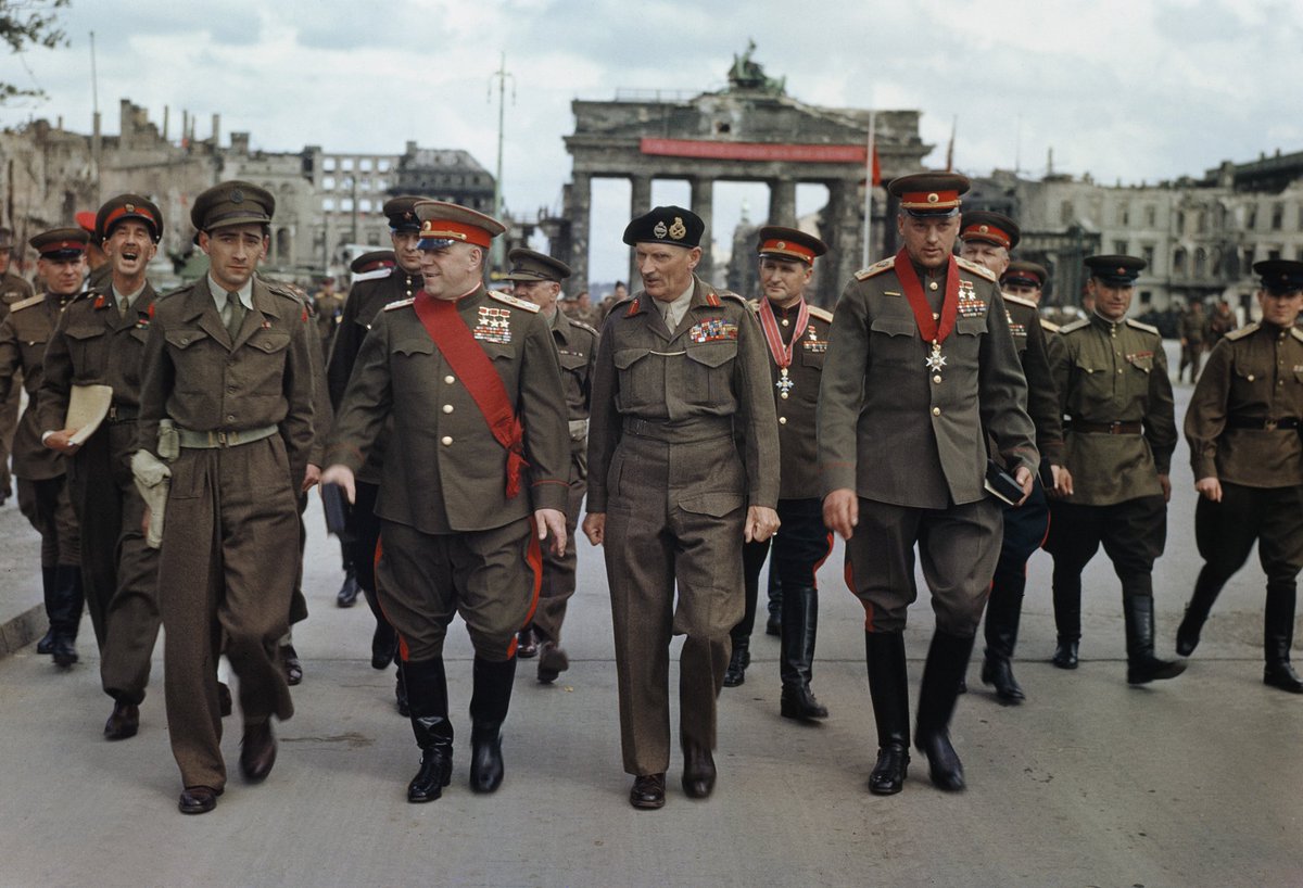 ShoahUkraine's tweet image. Marshal of the Soviet Union Georgy Zhukov, Deputy Supreme Commander of the Workers’ and Peasants’ Red Army and commander of the 1st Belorussian Front; Field Marshal Sir Bernard Montgomery, commander of the British 21st Army Group; Marshal of the Soviet Union Konstantin…