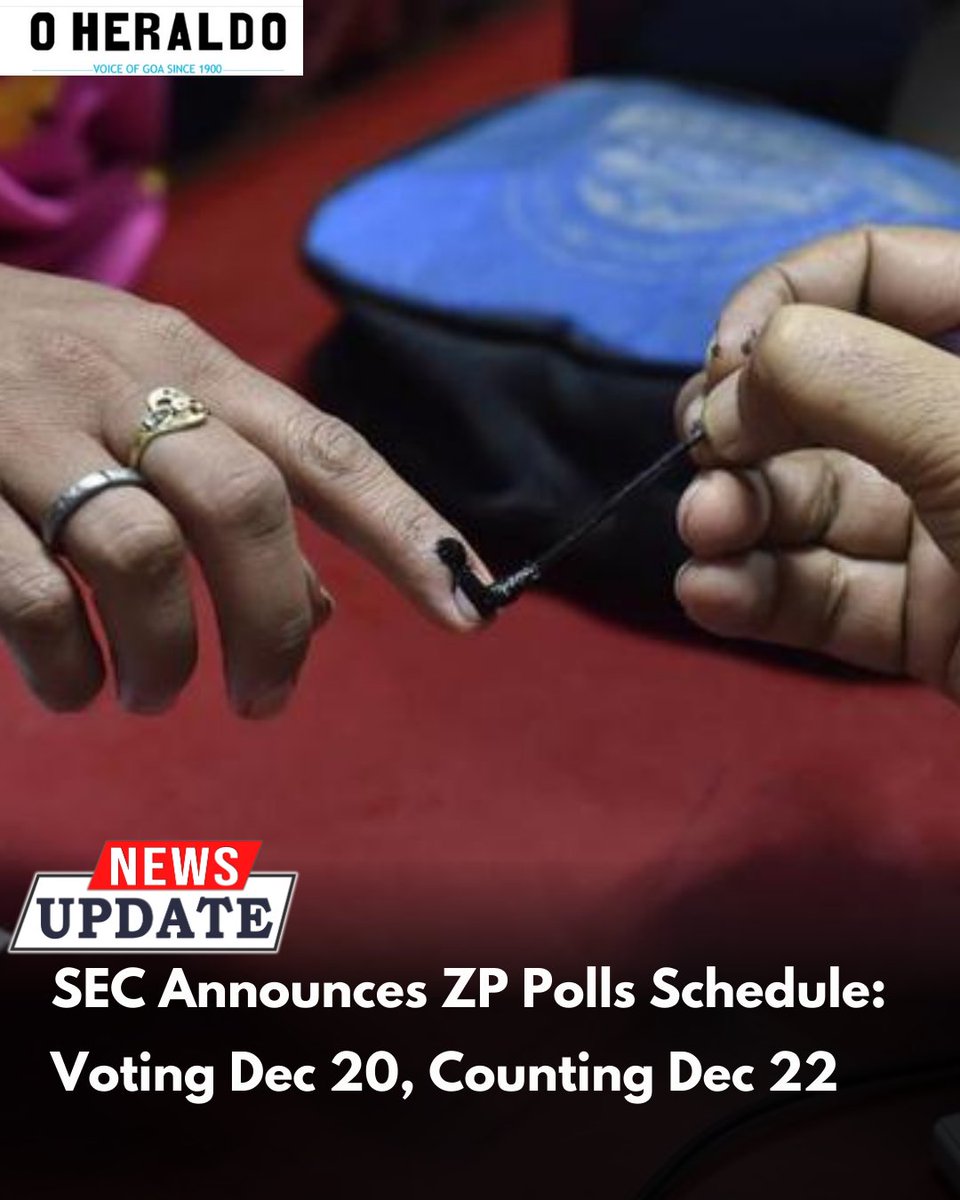 oheraldogoa's tweet image. Goa State Election Commission declared ZP polls on Dec 20 with counting Dec 22. Nominations open Dec 1-9 (excluding Dec 3 feast &amp;amp; Dec 7 Sunday), scrutiny Dec 10, withdrawal Dec 11. MCC enforced today; max candidate spend Rs 5 lakh for 8,68,637 voters.

#Goanews #zpelection