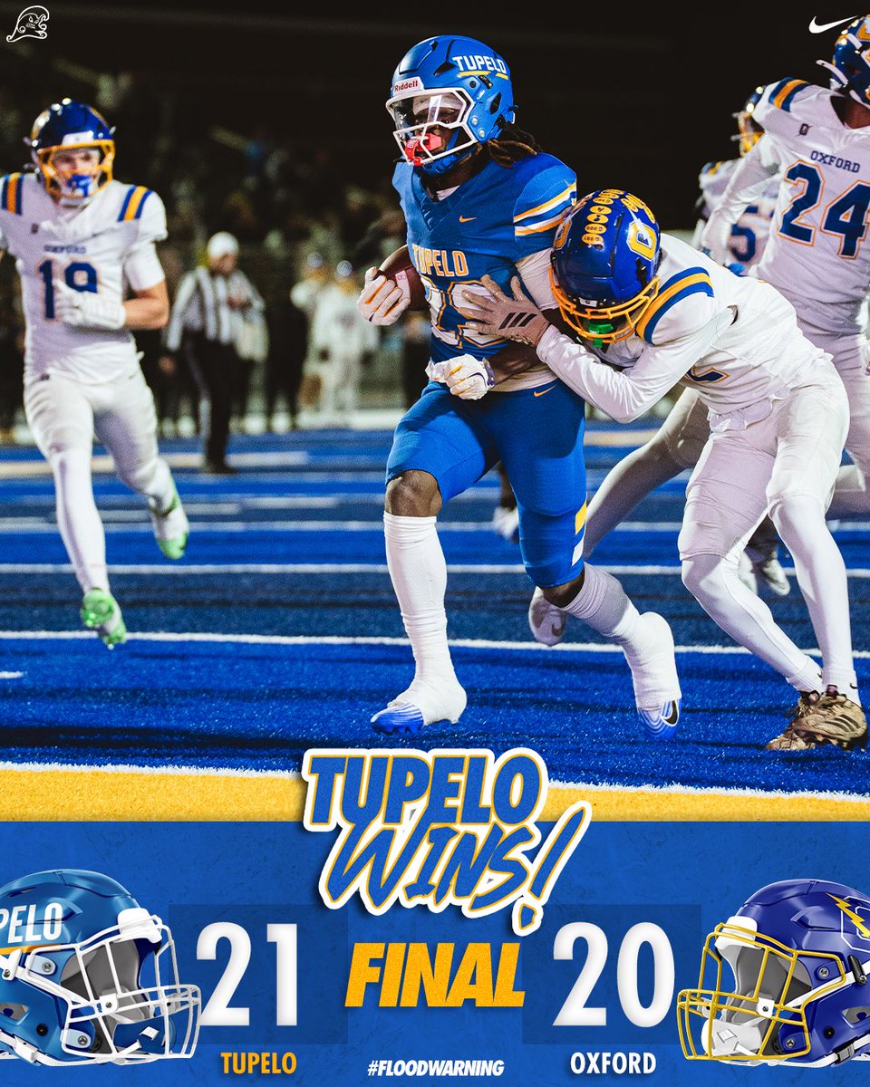 TupeloAthletics's tweet image. 🌊 𝐒𝐞𝐞 𝐲𝐨𝐮 𝐢𝐧 𝐒𝐭𝐚𝐫𝐤𝐯𝐢𝐥𝐥𝐞! #𝐆𝐨𝐖𝐚𝐯𝐞

Tupelo pounds out 336 rushing yards, scores 14 unanswered against Oxford to earn the chance to defend the 7A State Title!

The Golden Wave (13-1) will play Gulfport (11-2) in the State Championship on Saturday at 7 p.m.