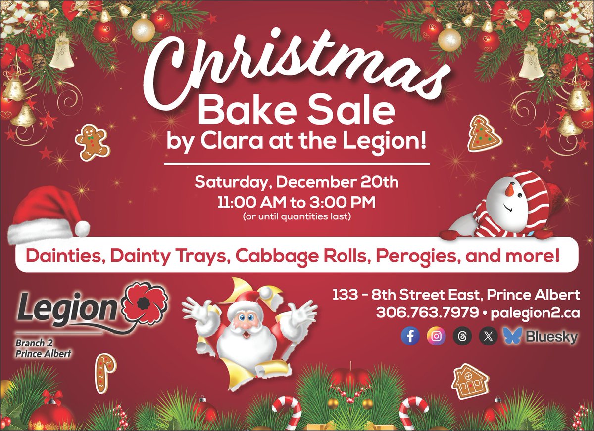 Christmas bake sale by Clara!  
11:00 am to 3:00 pm
(while quantities last, get there early)
Homemade dainties, dainty trays, cabbage rolls, perogies and more!