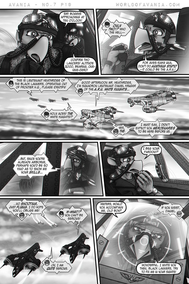 Issue No.7 of my #webcomic Avania, continues its second chapter with an impromptu air patrol inside friendly airspace... But that doesn't mean there can't be any suprises!

Avania No.7, pages 16-19 worldofavania.com