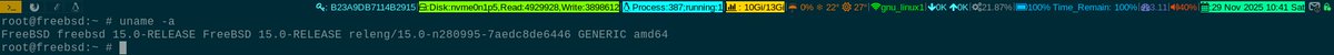 unixbhaskar's tweet image. Alright....upgrading FreeBSD 14.3 to 15.0 .....Done!

#linuxadmin #freebsd #opensource #operatingsystem