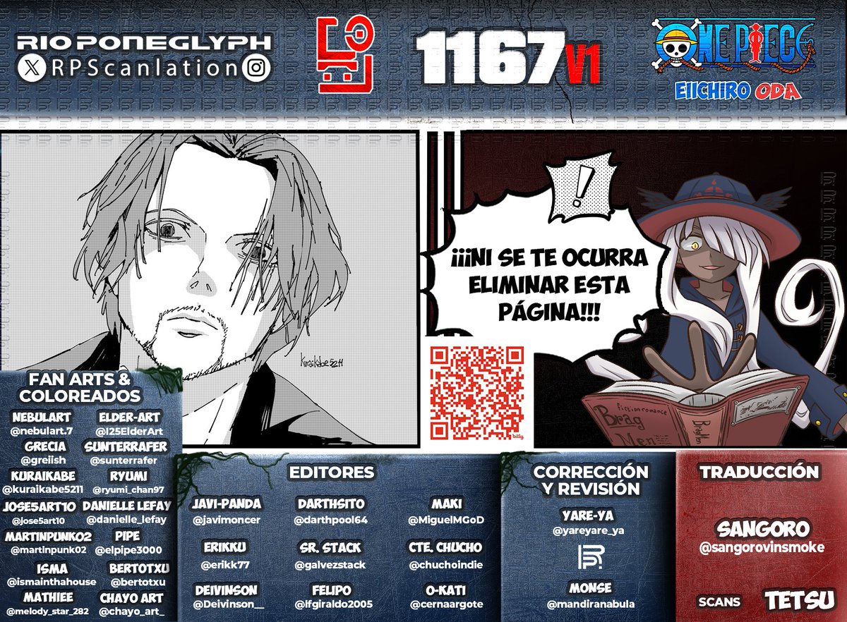 Ya está aquí nuestra primera versión de #OnePiece1167, que la disfruten!! Recuerden que el finde sale la versión final con datos extra y glosario!
#OnePiece #RioPoneglyphScans 
Opción 1:  bit.ly/OP-1167v1-RPS-1
Opción 2: bit.ly/OP-1167v1-RPS-2
Descarga: bit.ly/descargas-rps-m