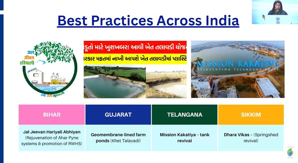 nwmgoi's tweet image. Ms. Archana Varma MD, NWM highlights successful water conservation models from across India
Bihar: Ahar-Pyne rejuvenation
Gujarat: Khet Talavadi farm ponds
Telangana: Mission Kakatiya
Sikkim: Springshed revival
Inspiring state-level initiatives!

#SujalamBharat