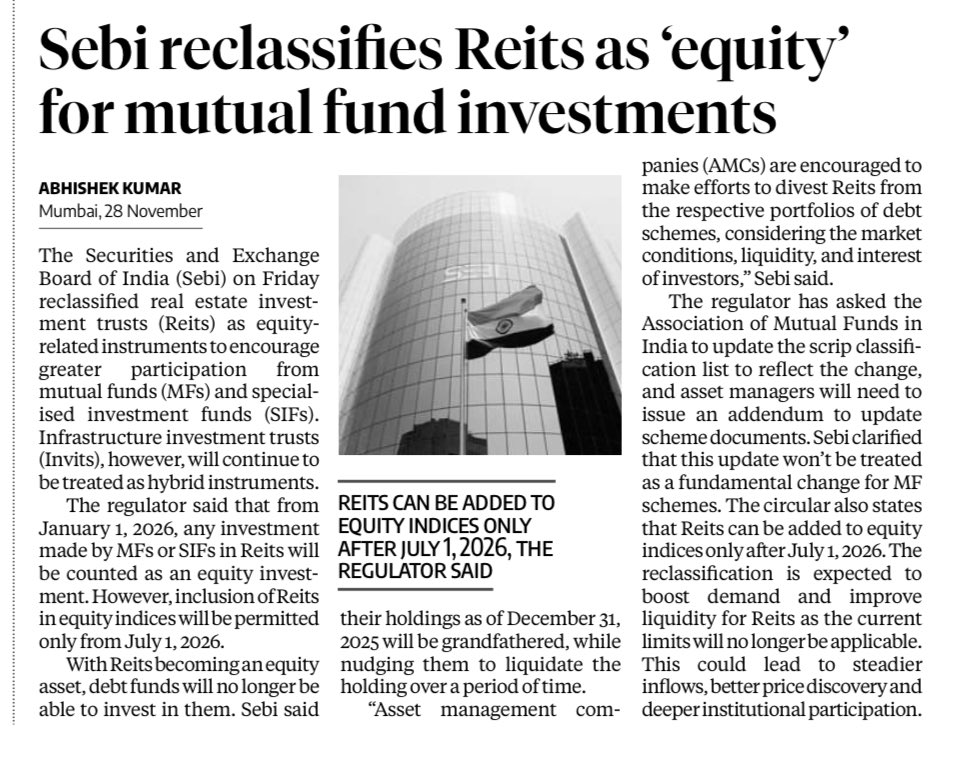 InvestRepeat's tweet image. REITs investment by mutual funds will be considered &quot;equity&quot; from Jan 1, 2026.

Equity indices can only add REITs from July 1.