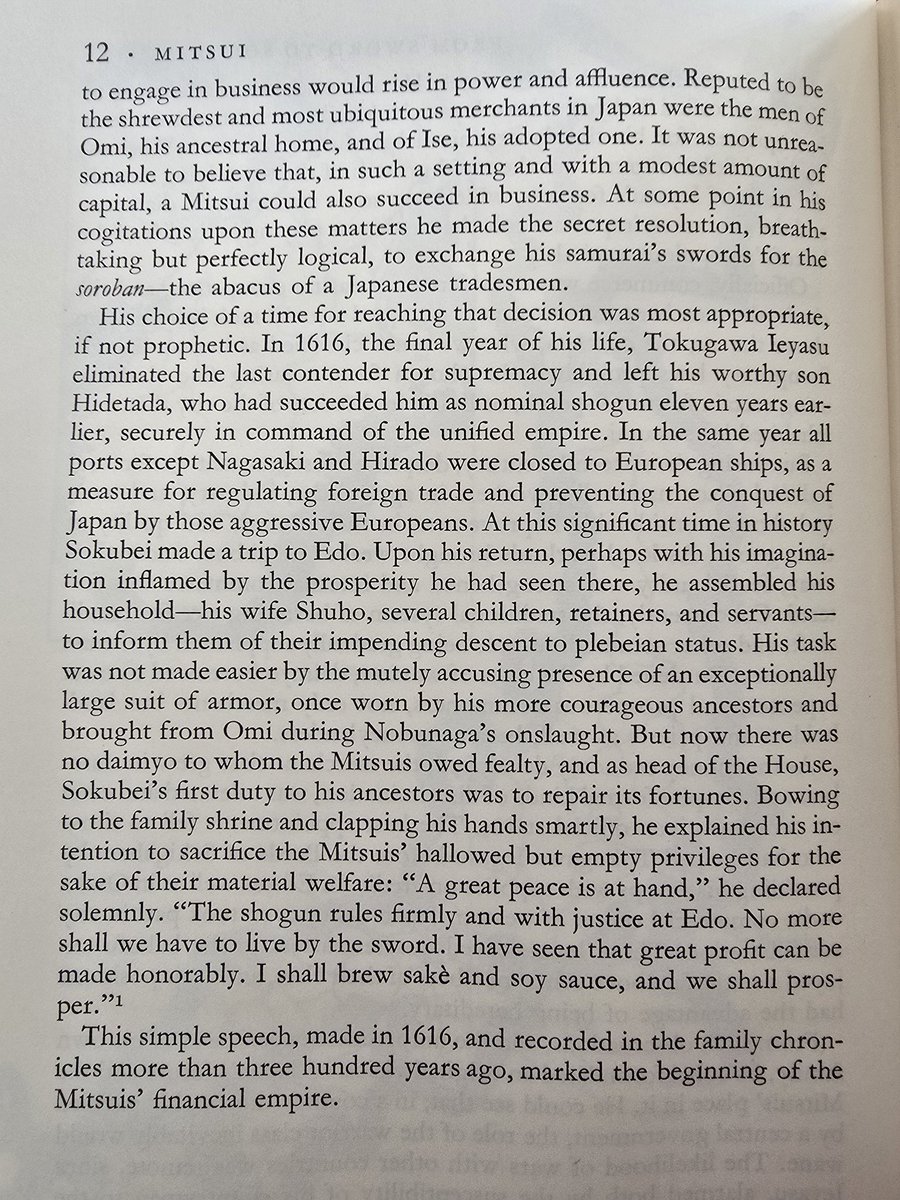 orrdavid's tweet image. I&apos;ve started reading Mitsui, the 300+ year long history of the largest pre-war Zaibatsu.

The company&apos;s founder did something incredibly contrarian and gave up his high status samurai title voluntarily to take up a low status merchant identity.  This is why: