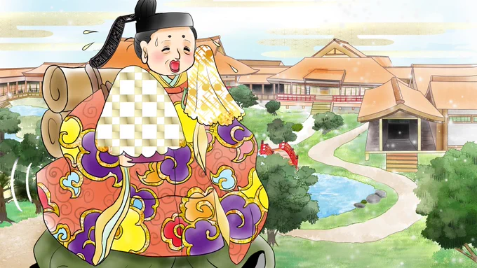 昔のイラスト紹介 福娘童話集昔話22(簡易版)25(フルバージョン)「かぐや姫」13 車持皇子は今しがた帰って来たと見せかけて 「大変な苦労しましたが、蓬莱山から玉の枝を持ち帰りました」と、言います 美しい玉の枝をかぐや姫が言葉をなくして見つめていると、