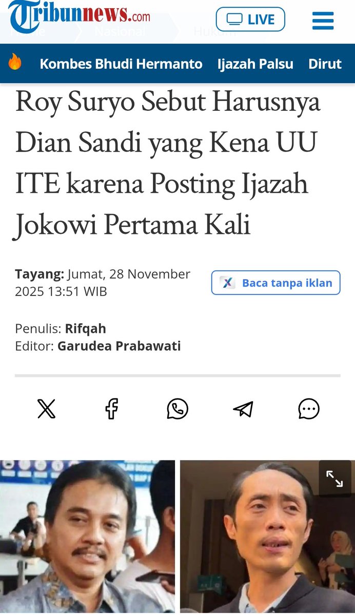 ApriliaLin's tweet image. Roy Suryo menilai yang bersalah adalah @DianSandiU karena mem-posting ijazah itu. Padahal dalam KUHP dan UU ITE, rumusannya jelas: “barang siapa” dan “setiap orang”.

Bang Sandi hanya mengunggah dokumen tanpa menuduh apa pun tidak ada unsur pidana.
Sebaliknya, Roy memakai…