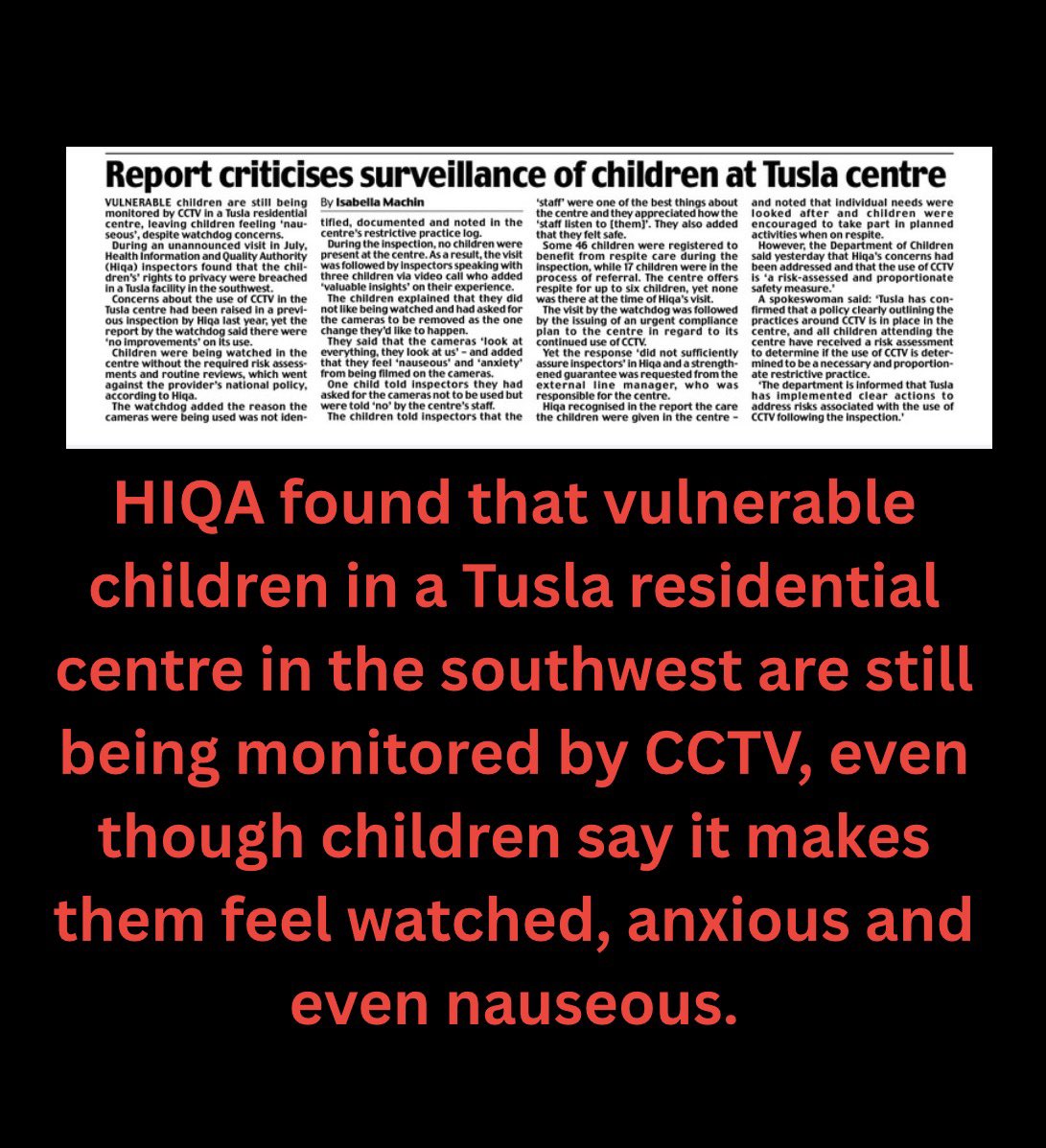 AllianceBirth's tweet image. 𝐓𝐮𝐬𝐥𝐚 𝐂𝐞𝐧𝐭𝐫𝐞 𝐈𝐠𝐧𝐨𝐫𝐞𝐝 𝐏𝐫𝐞𝐯𝐢𝐨𝐮𝐬 𝐇𝐈𝐐𝐀 𝐂𝐨𝐧𝐜𝐞𝐫𝐧𝐬 𝐚𝐧𝐝 𝐂𝐨𝐧𝐭𝐢𝐧𝐮𝐞𝐝 𝐭𝐨 𝐅𝐢𝐥𝐦 𝐂𝐡𝐢𝐥𝐝𝐫𝐞𝐧 𝐖𝐡𝐨 𝐏𝐥𝐞𝐚𝐝𝐞𝐝 𝐟𝐨𝐫 𝐂𝐚𝐦𝐞𝐫𝐚𝐬 𝐭𝐨 𝐁𝐞 𝐓𝐮𝐫𝐧𝐞𝐝 𝐎𝐟𝐟 

An inspection by HIQA found that vulnerable children in a Tusla…