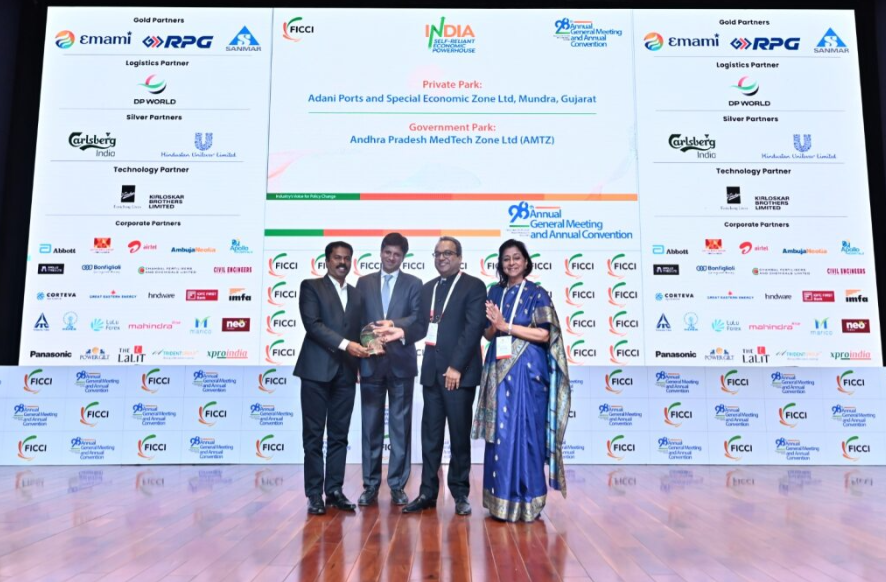 ficci_india's tweet image. Adani Ports and Special Economic Zone Limited, Mundra, Gujarat and Andhra Pradesh MedTech Zone win the Excellence in Swachh Industrial Parks Award at the 98th #FICCIAGM for demonstrating exceptional performance across all three assessment categories- Environmental Sustainability,…