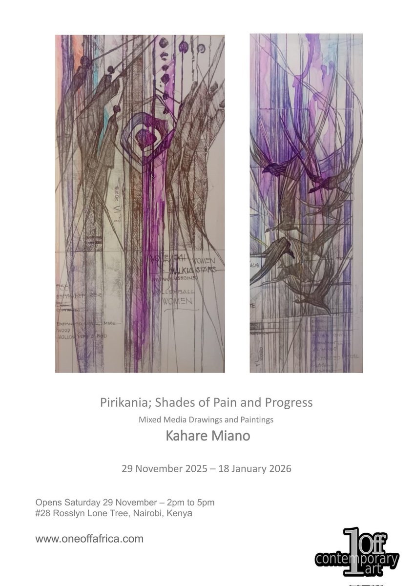 #Nairobi: #Exhibition: 'Pirikania; Shades of Pain &amp; Progress', Mixed Media Drawings &amp; Paintings by Kahare Miano, Nov. 29 2025 - Jan. 18 2026 @ One Off Contemporary Art Gallery.

Opening: November 29, 2025 
Venue: <a href="/oneoff_gallery/">One Off Contemporary Gallery</a>
Time: 2-5 PM

Exh. Dates: Until January 18, 2026.
