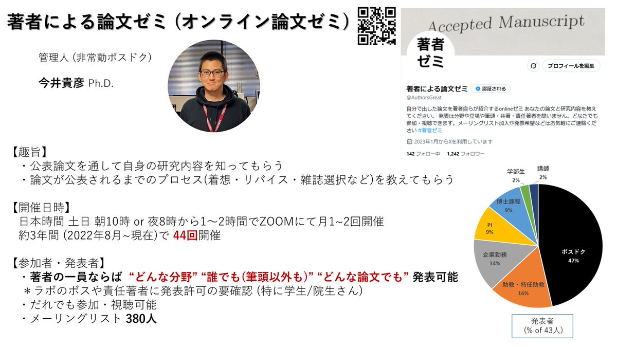 AuthorsGreat's tweet image. 【宣伝】 #著者ゼミ のご紹介です！

約3年間オンライン(ZOOM)で活動しております！(計44回)
論文ならばどなたでもどんな内容でも発表でき、だれでも参加できます！
興味がある方はお気軽にDM・リプでご連絡ください！
多くの方の研究内容を聞けることを楽しみにしております！