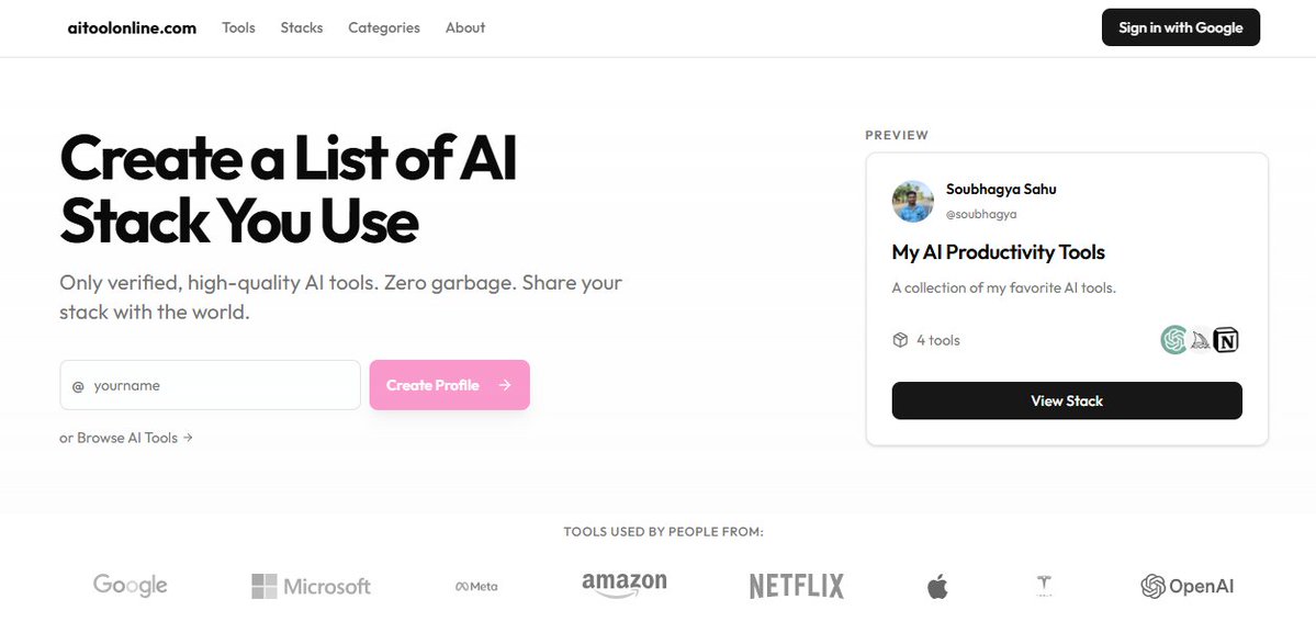 soubhagyaside's tweet image. Introducing aitoolonline.com

It&apos;s not a directory with 1000 spammy tools!

- Its an app to list your favourite tools like tech stacks, but with an AI stack.
- It&apos;s a directory of very useful tools only (we dont list spammy, clunky AI tools).
- Share your stacks with other