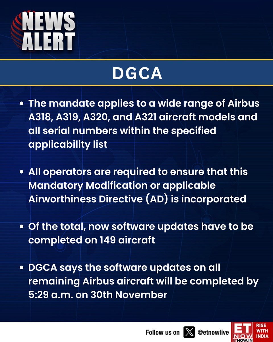 ETNOWlive's tweet photo. #NewsAlert | DGCA mandates immediate inspection/replacement of a key flight-control component in line with EASA emergency norms for Airbus aircraft
#DGCA #Airbus #A320Family #AviationSafety #EmergencyDirective #FlightSafety #IndiaAviation https://t.co/3nvFL2ek4Q