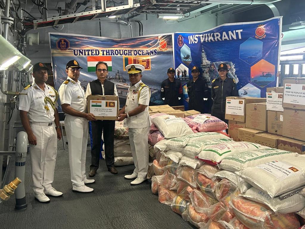 Defencematrix1's tweet image. India has rushed in large scale HADR support to Sri Lanka in the aftermath of Cyclone Ditwah. INS Vikrant &amp;amp; INS Udaygiri currently docked in Colombo has provided 4.5 tons of dry rations, 2 tons of fresh rations, and other essential relief items to assist affected families.
