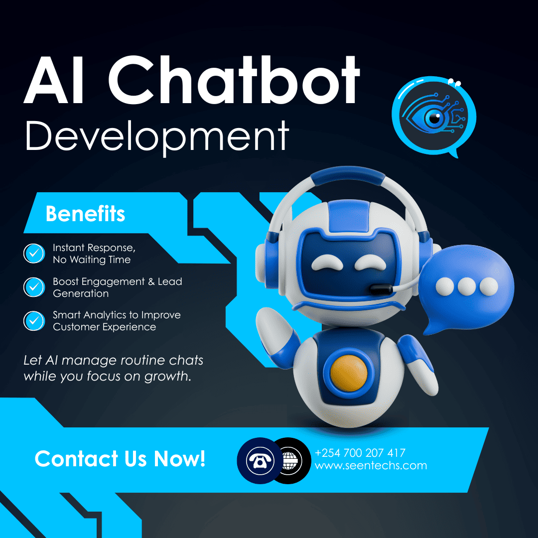 _odhiamboatieno's tweet image. Enhance customer experience with AI chatbots from Seen Technologies. We build intelligent, conversational systems that automate engagement and boost efficiency. Contact us: +254 700 207 417 | info@seentechs.com | seentechs.com #AI #Chatbot #Automation