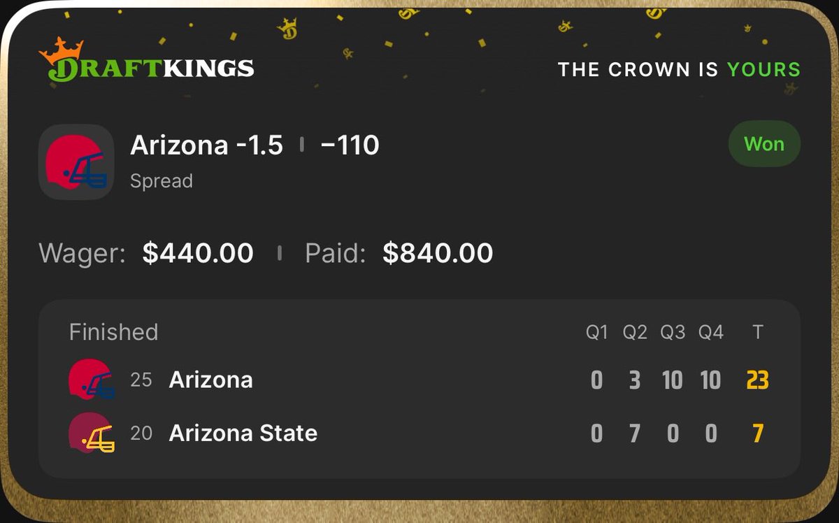AgentOracle313's tweet photo. Nailed this prediction on the Arizona State vs Arizona college football game tonight!! ๐ฏ
Both teams started slow, and Arizona State took a 7-3 lead into halftime.
But in Q3, Arizona took control of the game and never looked back!! ๐ฅ
#NCAAFootball #ArizonaStateFootball #Arizona #Wildcats #CFB