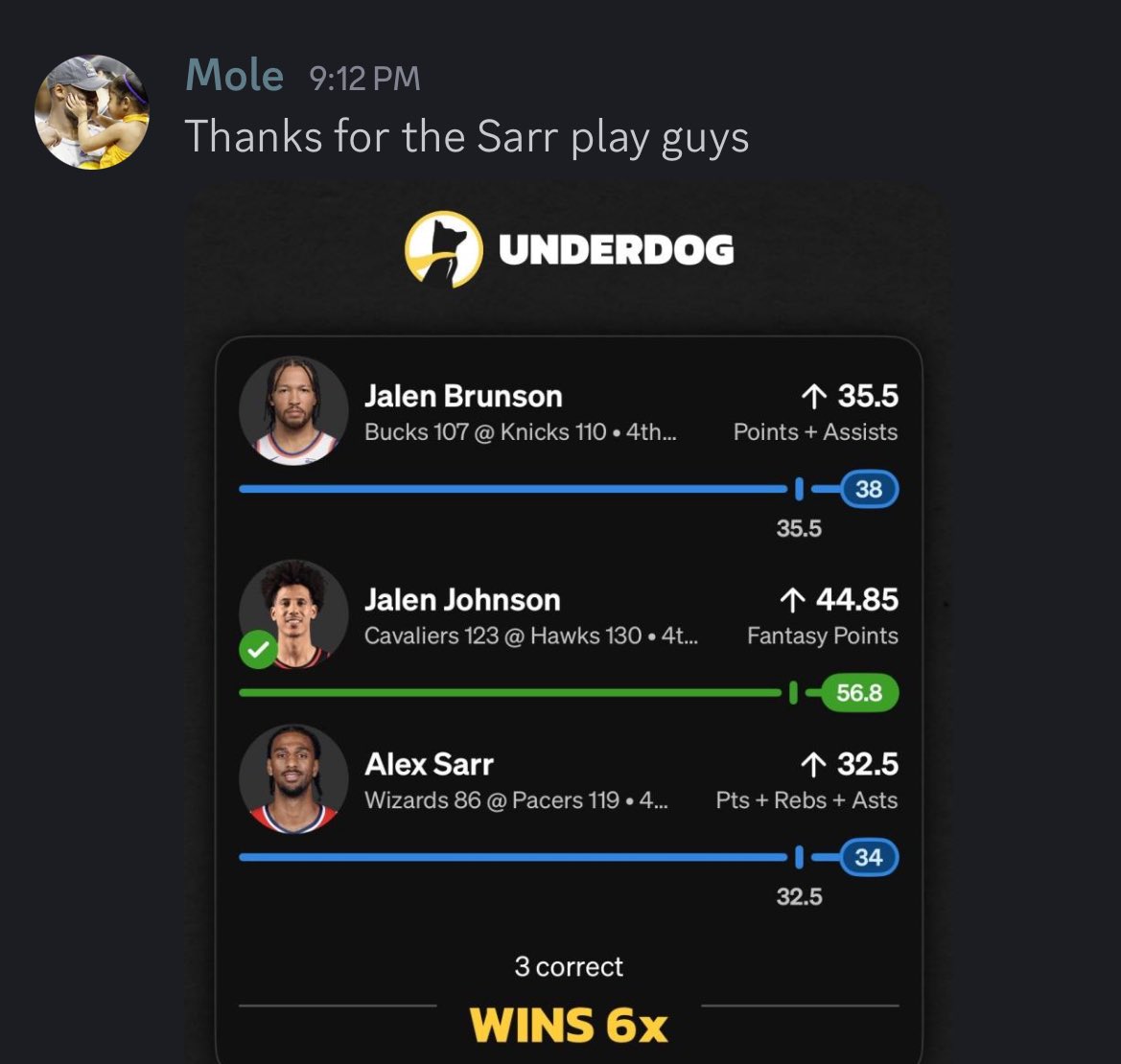 jaredrblock's tweet image. Wins are flowing on Friday night 🤝

✅  Murray over fantasy (top play)
✅  Brunson over PA (ladder)
✅  Nurkic over fantasy / PR
✅  Sarr over PRA
✅  Johnson over fantasy 
✅  SGA over points 

LFG 💪

We move to Saturday 😴 Black Friday plays at the link below ⬇️
