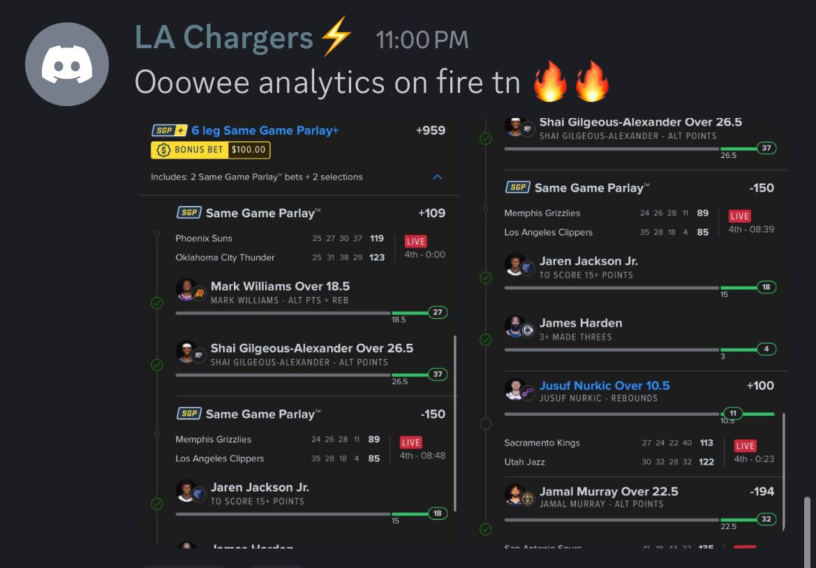 jaredrblock's tweet image. Wins are flowing on Friday night 🤝

✅  Murray over fantasy (top play)
✅  Brunson over PA (ladder)
✅  Nurkic over fantasy / PR
✅  Sarr over PRA
✅  Johnson over fantasy 
✅  SGA over points 

LFG 💪

We move to Saturday 😴 Black Friday plays at the link below ⬇️