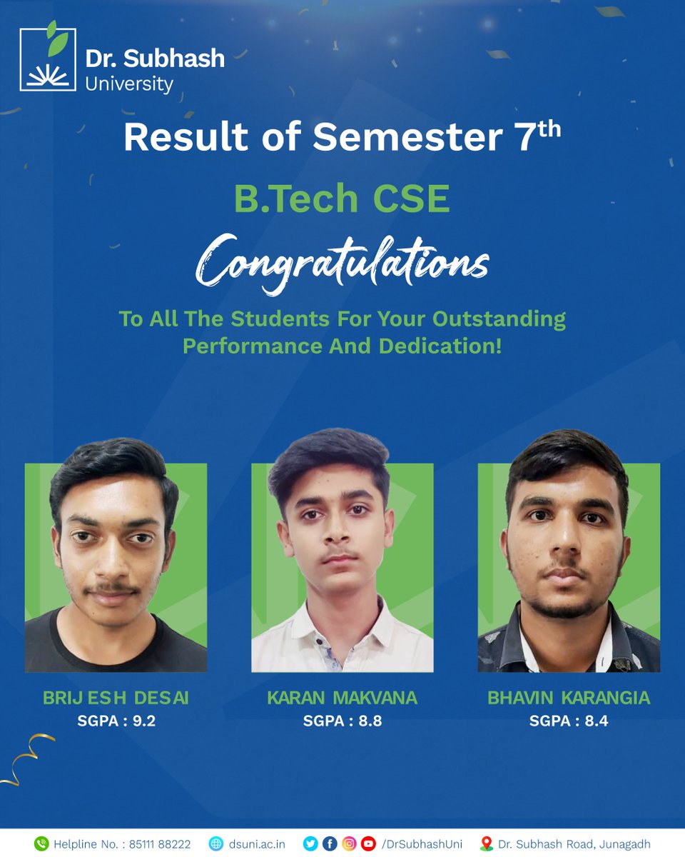 DrSubhashUni's tweet image. Shining bright with dedication and excellence! 
Congratulations to our B.Tech CSE Semester 7 achievers for setting a remarkable benchmark.

#DSU #DrSubhashUniversity #SemesterResult #BTechCSE #TopPerformers #HardWorkPaysOff #StudentSuccess #ProudMoment