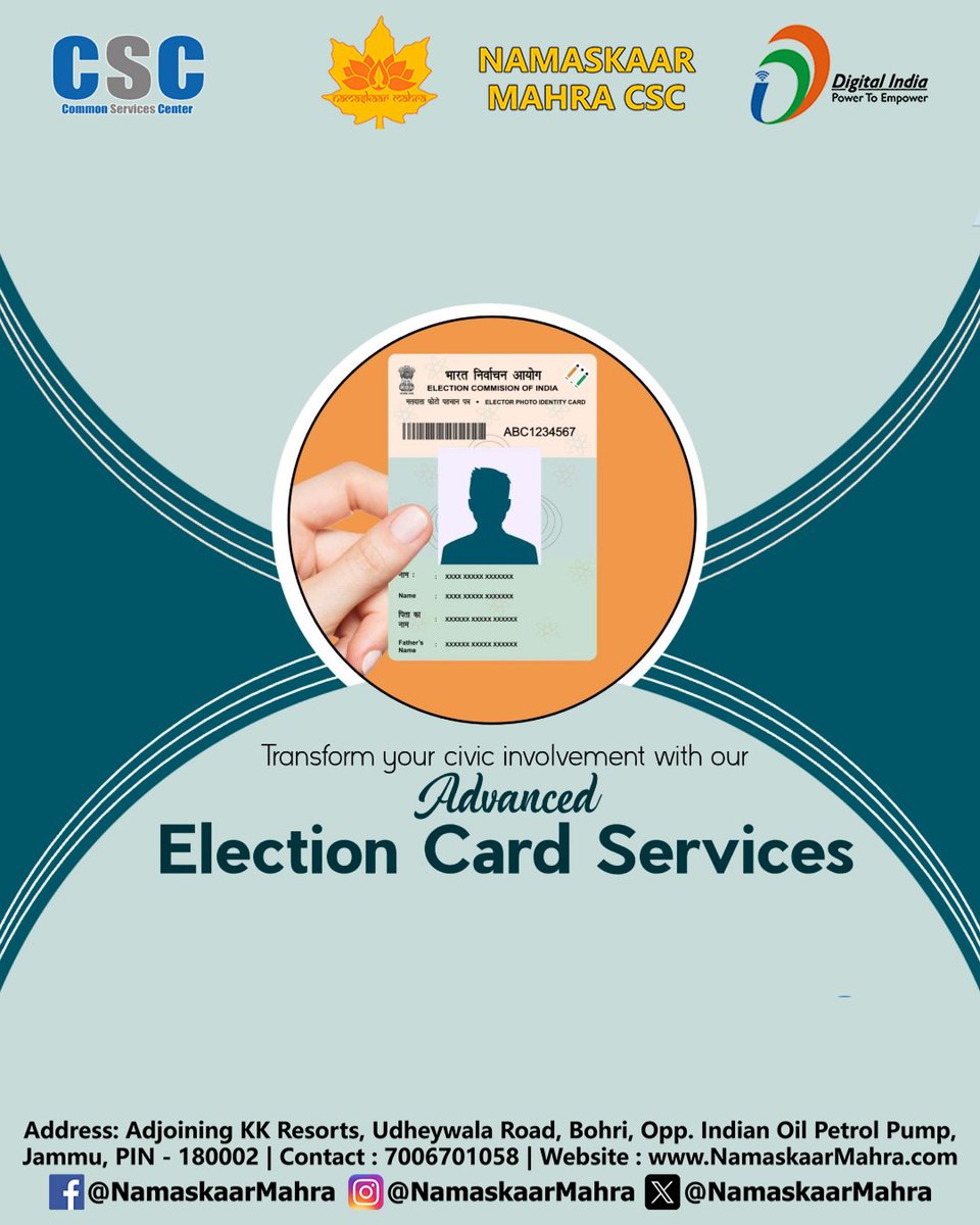 NamaskaarMahra's tweet image. Election Card Services Available 

Namaskaar Mahra CSC
Contact : 7006701058
namaskaarmahra.com
Address: Adjoining KK Resorts, Udheywala Road, Bohri,
Opp. Indian Oil Petrol Pump, Jammu, 180002

#NamaskaarMahra #CSC #CSCJammu  #TataCroma #Croma #tata
